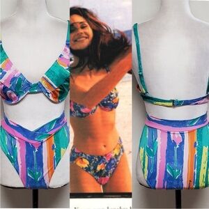 VINTAGE Blue Sky Tropical Floral Watercolor V-Cut High Rise Triangle Bikini